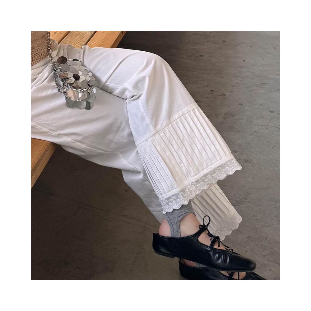 White lace lace patchwork high waisted loose wide leg pants for women in spring and summer new heavy duty pleated casual cropped pants for women image 0