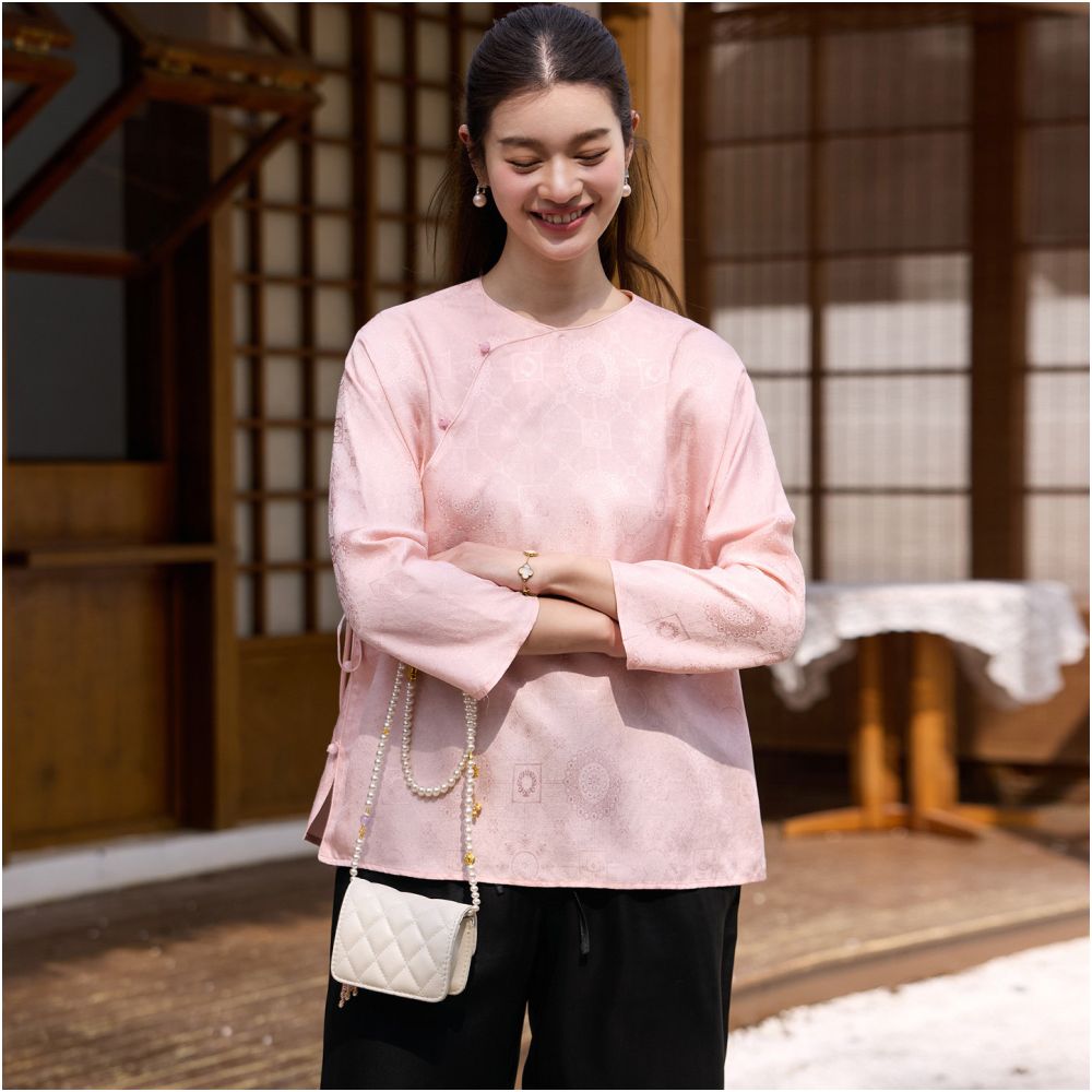 Feiyitang silk pressed silk round neck top for women in spring Chinese retro style artistic improvement women s loose cheongsam Tang style image 2