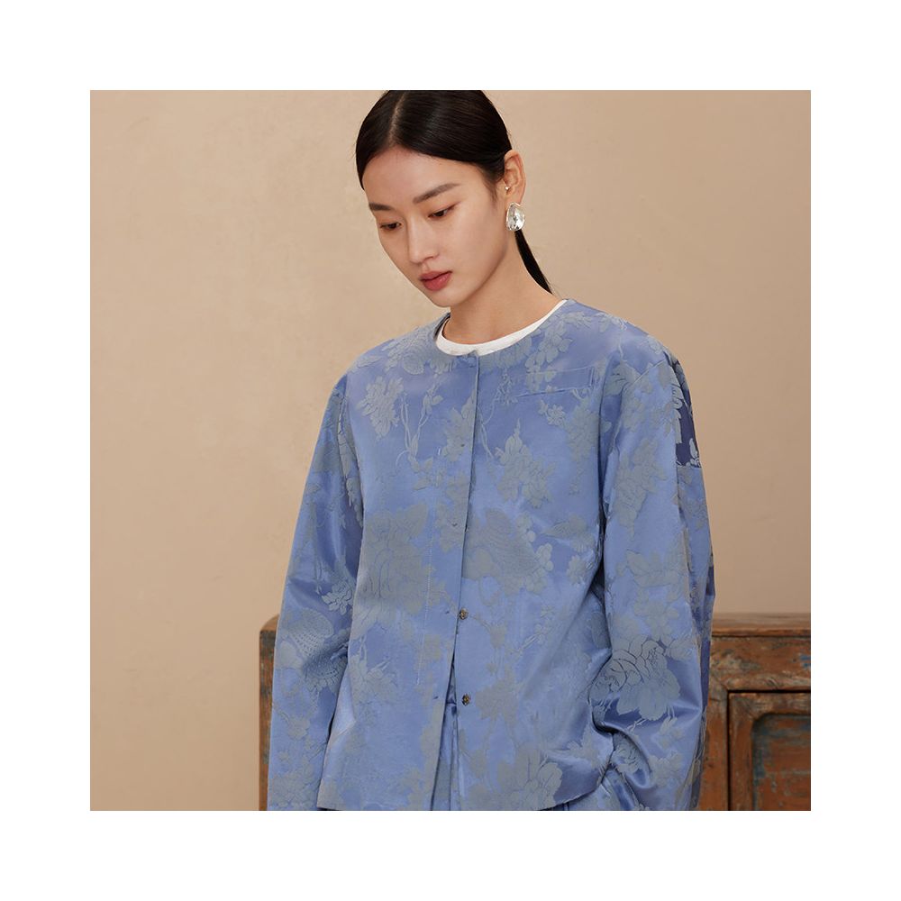 Ruyi Lianyun Spring and Autumn New Round Neck Jacquard Short Coat for Women Retro New Chinese Style Double breasted Metal Buckle Top image 0