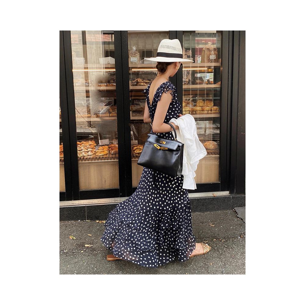 French style minimalist chic dress new summer style ruffled waist cinching V neck polka dot sleeveless maxi dress image 0