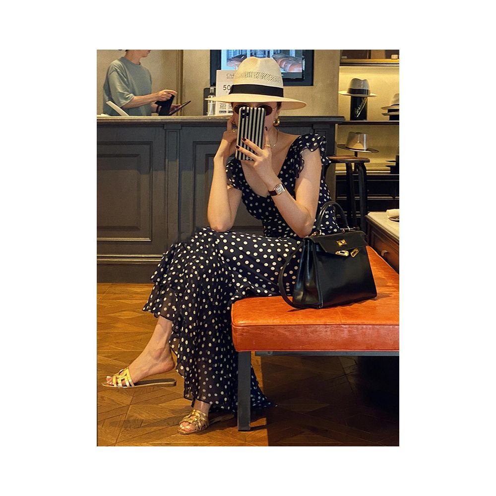 French style minimalist chic dress new summer style ruffled waist cinching V neck polka dot sleeveless maxi dress image 1