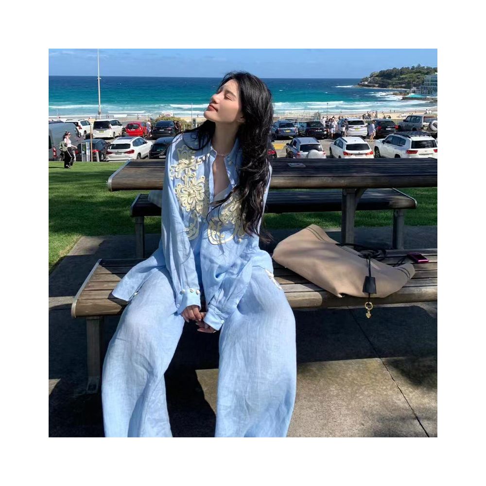 European style high end unique embroidered blue linen cotton shirt and wide leg pants two piece set for women spring 2026 image 1