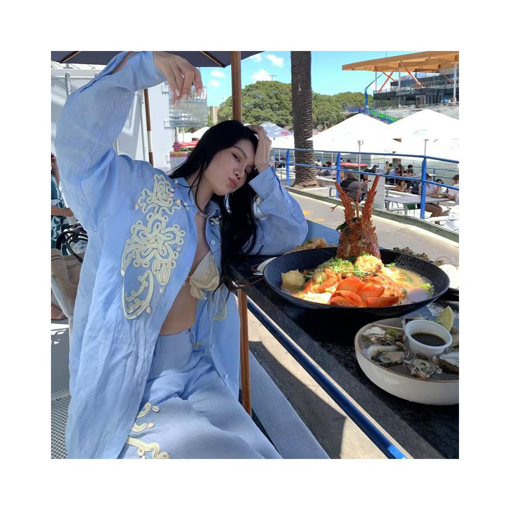European style high end unique embroidered blue linen cotton shirt and wide leg pants two piece set for women spring 2026 image 4