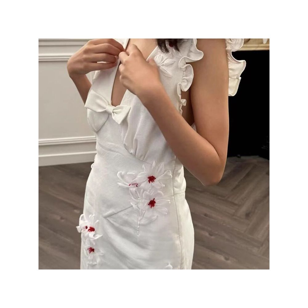 TE shushu fashion temperament pure handmade new Chinese embroidery three dimensional flower decoration waist slimming dress image 3
