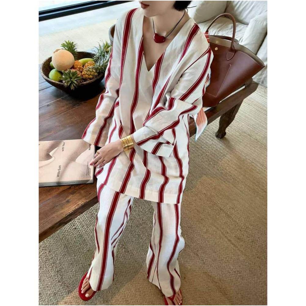 Art Exhibition Manor Holiday Series Natural Linen Red and White Striped V neck Top Casual Pants Set for Women image 1