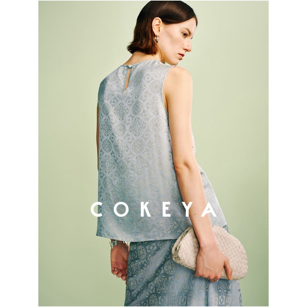 COKEYA Oriental Beauty Silk Round Neck New Chinese Style Sleeveless Tank Top Women s Summer Fish Tail Half Skirt Set image 4