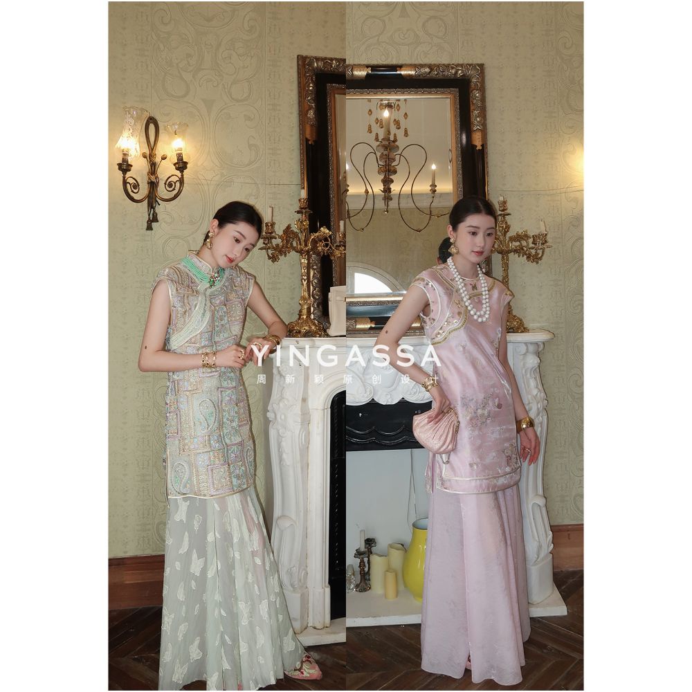 Zhou Xinxin YINGASSA Xiu Se Mask Ancient Jin Xia Style Intangible Cultural Heritage National Style Embroidered Cheongsam Top and Half Skirt Set image 0