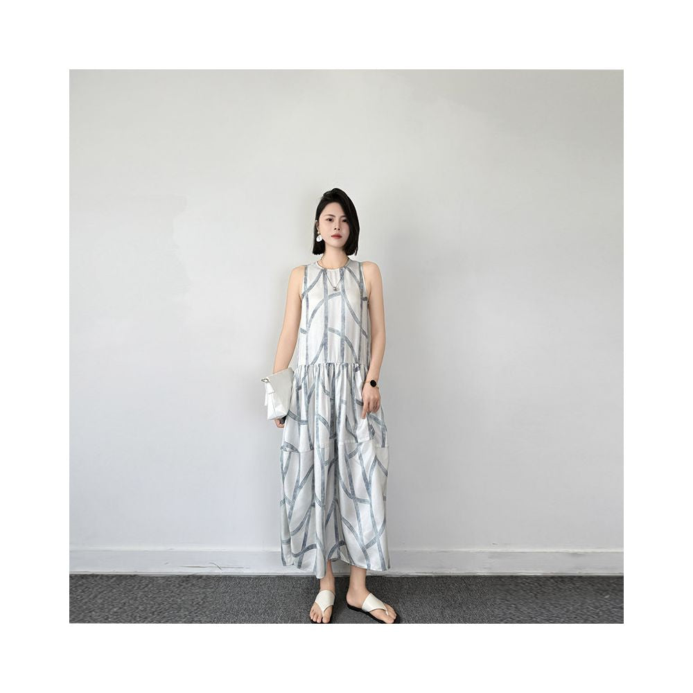 Summer new designer pattern silk design sense irregular branch line vest dress for women image 2