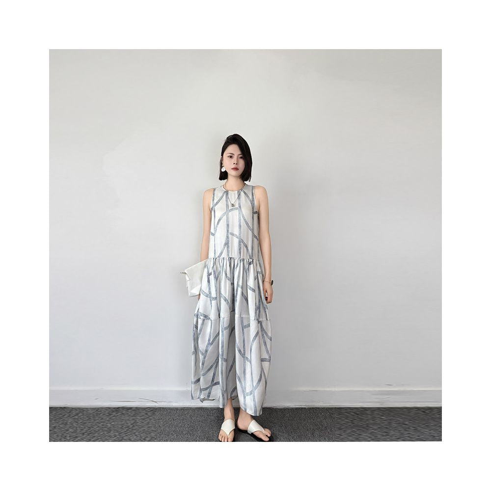 Summer new designer pattern silk design sense irregular branch line vest dress for women image 4