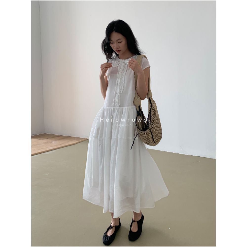 Herowrongs Summer Clear Hemp Cotton Heavy Industry Flower Wrapped Strap Dress Front and Rear Two Wearing Large Swing Skirts image 2