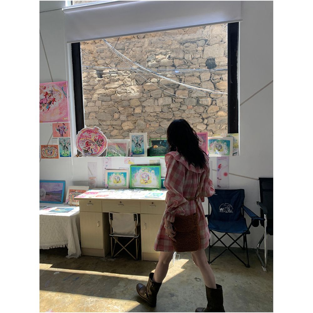 S Andro Madge French Linen Checkered Ruffle Edge Bubble Sleeve Dress Retro Art Student Skirt ins image 4