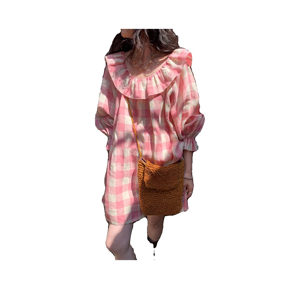 S Andro Madge French Linen Checkered Ruffle Edge Bubble Sleeve Dress Retro Art Student Skirt ins image 5