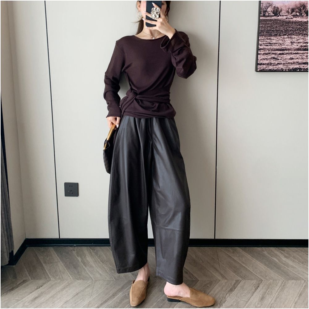 Haining leather pants original autumn and winter stylish plus size women s clothing elastic waist bending knife nine quarter pants wide leg pants radish pants image 2