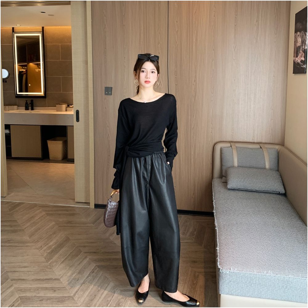 Haining leather pants original autumn and winter stylish plus size women s clothing elastic waist bending knife nine quarter pants wide leg pants radish pants image 4