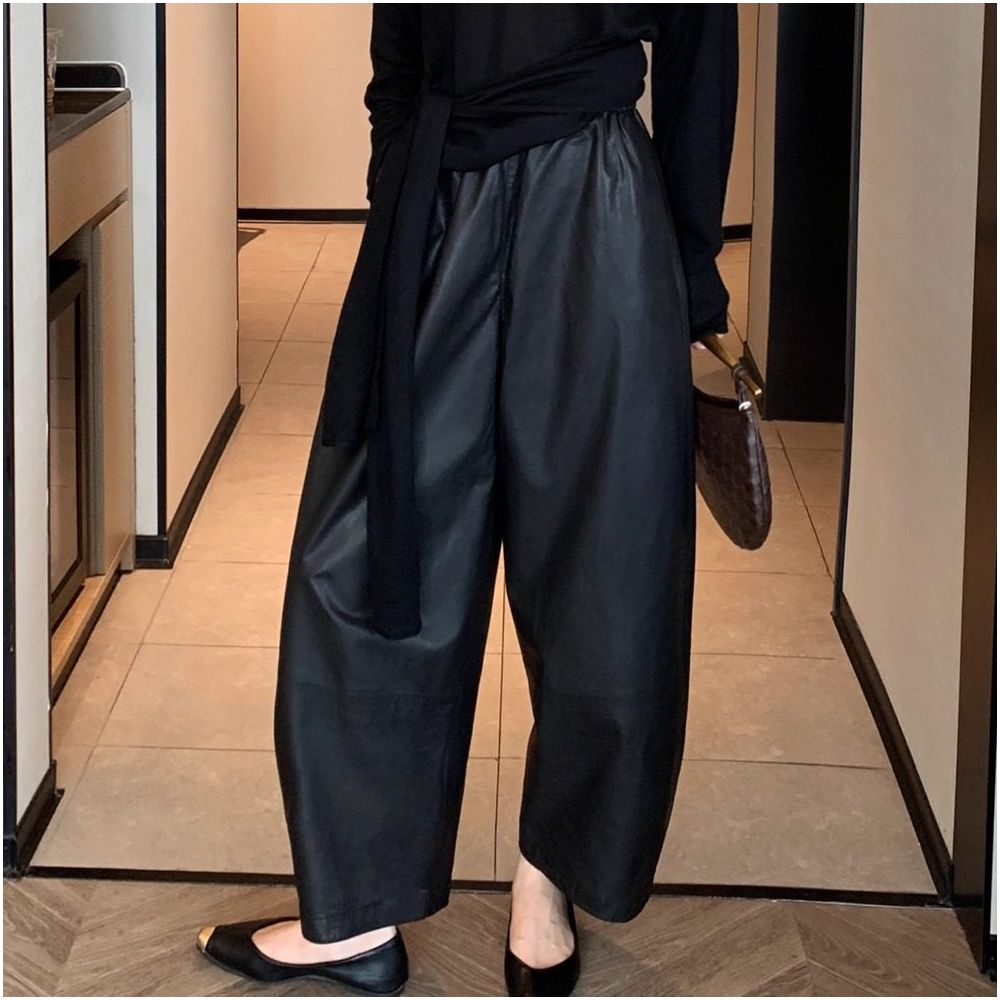 Haining leather pants original autumn and winter stylish plus size women s clothing elastic waist bending knife nine quarter pants wide leg pants radish pants image 0