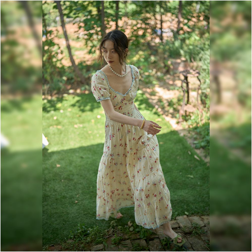 Texture Si Custom American Retro V Neck Elastic Waist Slimming Full Skirt Floral Dress image 3