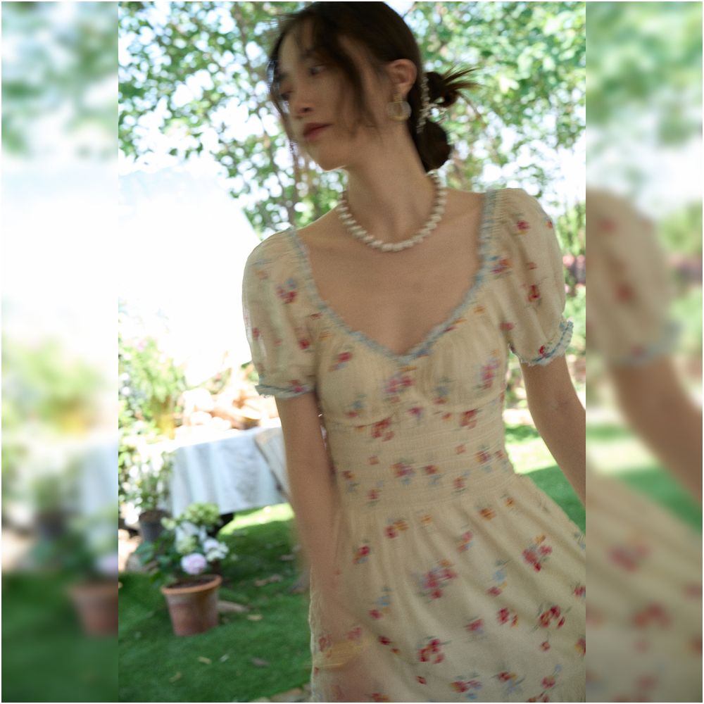 Texture Si Custom American Retro V Neck Elastic Waist Slimming Full Skirt Floral Dress image 4