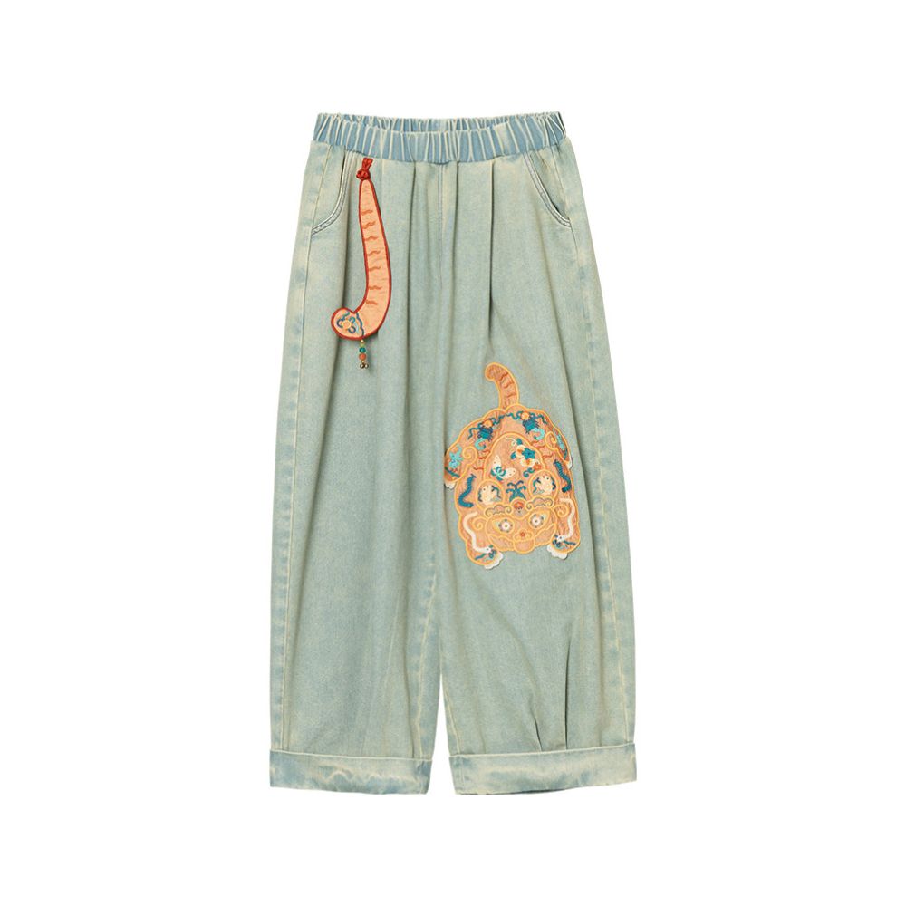 Su Luo s original Tiger Town Five Poisons Spring Summer New Fashionable Chinese Style Embroidered Loose Slimming Light Color Denim Pants image 4