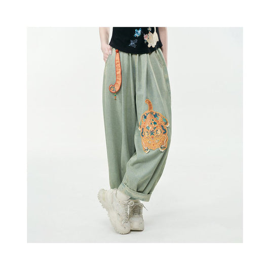 ASAYA6723 – Jade Guardian Embroidered Denim Pants 🐯