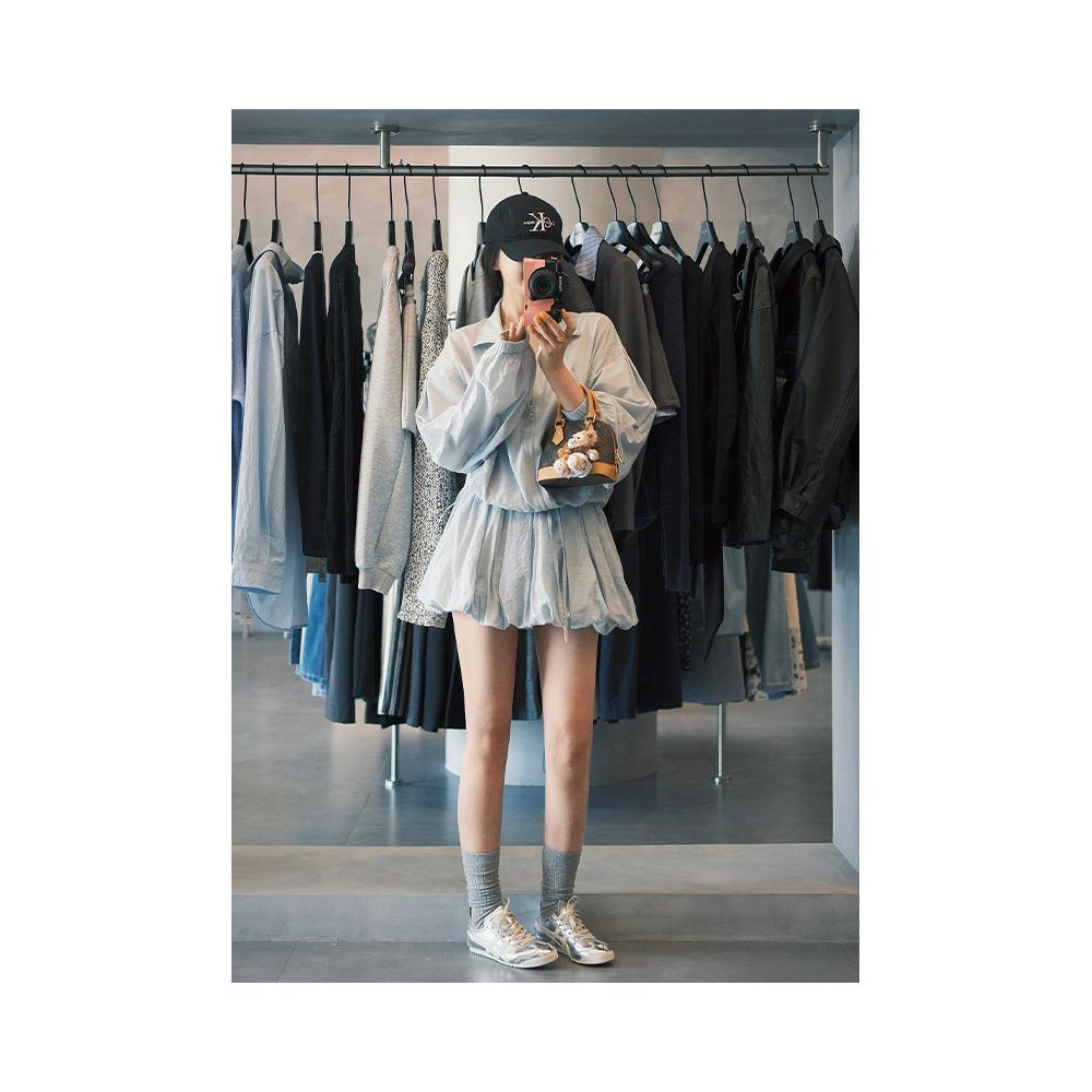 Women s Summer Suit 2025 New Style Petite and Pretty Blue Casual Stand Collar Sun Protection Shirt and Pants Two Piece Set image 1