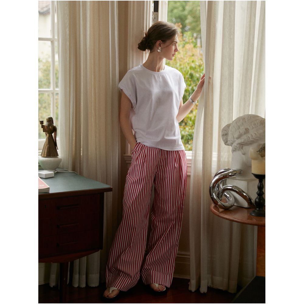Clean Sense French Intellectual Red Striped Elastic High Waisted Wide Leg Straight Leg Rolled Up Casual Trousers image 1