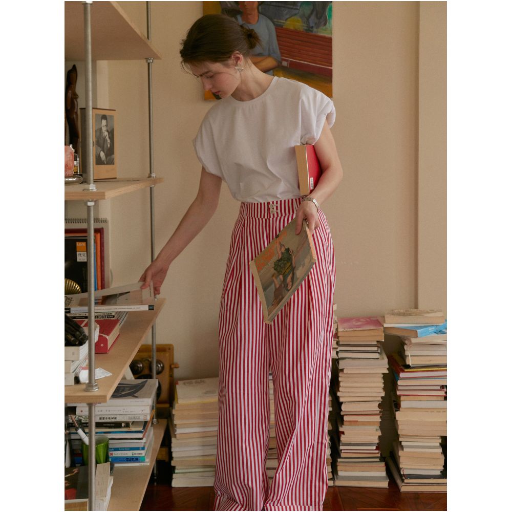 Clean Sense French Intellectual Red Striped Elastic High Waisted Wide Leg Straight Leg Rolled Up Casual Trousers image 3