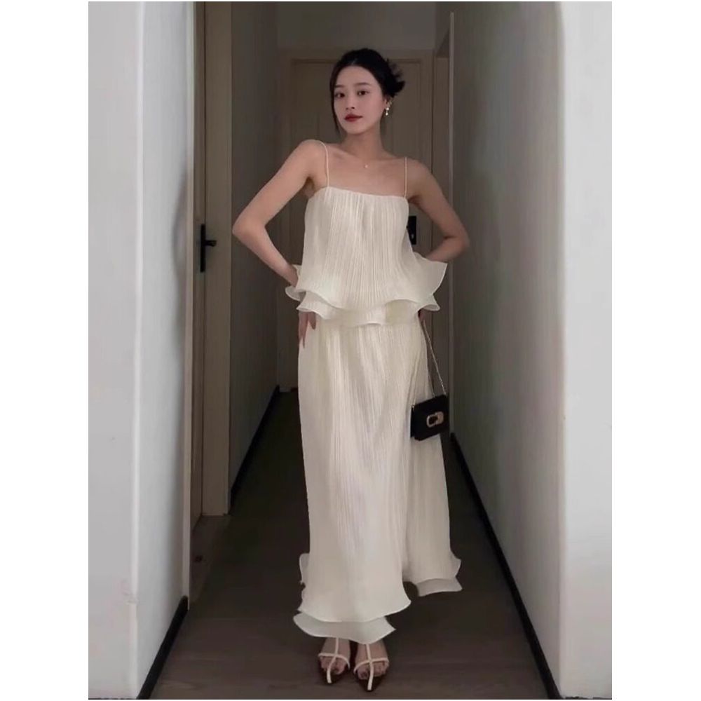 X Rose Two Piece Set A sophisticated pleated design with ruffled trim featuring a high waisted midi skirt and a camisole top image 4