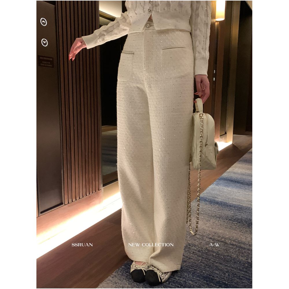 Sam Seoi Da Fan Women s Casual Pants Chanel Style Sequined Chain White High Waisted Straight Leg Pants Floor Length Pants image 2