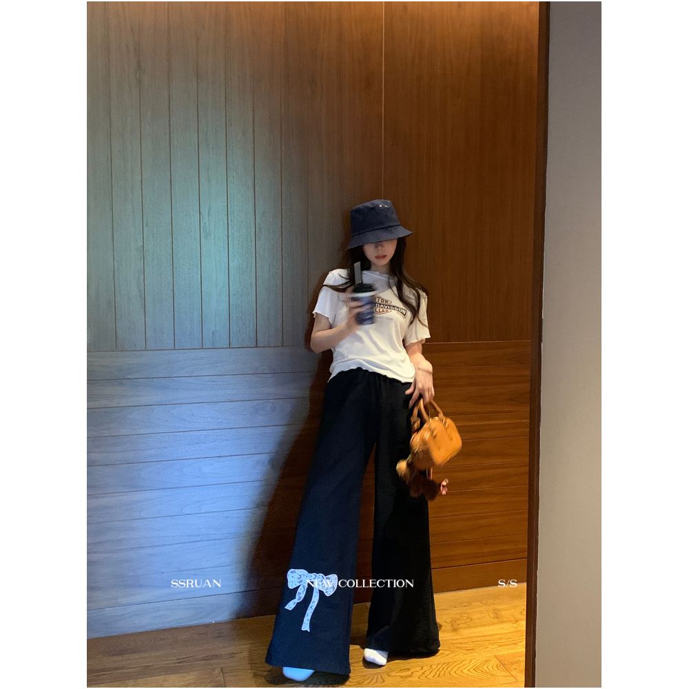 Sam Seoi Da Fan Embroidered Blue Casual Pants Women s Loose Korean Style High Waist Wide Leg Straight Leg Pants Strolling Floor Length Pants image 3