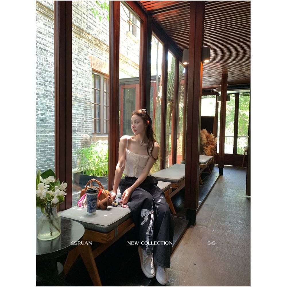 Sam Seoi Da Fan Embroidered Blue Casual Pants Women s Loose Korean Style High Waist Wide Leg Straight Leg Pants Strolling Floor Length Pants image 4