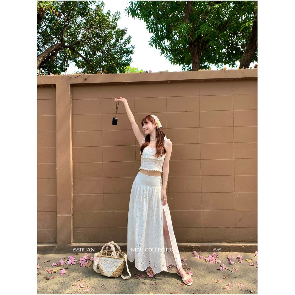 Sam Seoi Da Fan French Romantic White Two Piece Beach Vacation Tea Break Dress image 2
