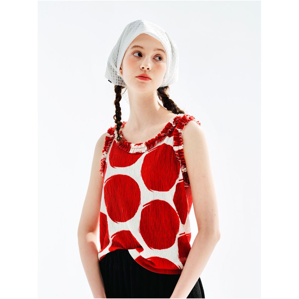 imakokoni Original 2026 Summer Artistic Polka Dot Crinkled Red Vest with Lace Trim Sleeveless Top for Women image 0
