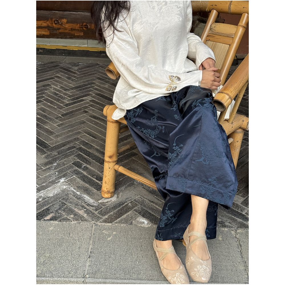 BLUEY 2026 Spring Summer New Chinese Style Jacquard Casual Pants for Women High Waist Slimming Loose Fit Dark Blue image 2