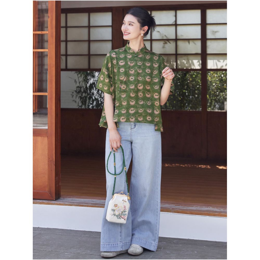 Fei Yi Tang Silk Floral Red Cloud Yarn New Chinese Style Improved Literary Retro Stand Collar Slanted Placket Tang Suit Women s Short Sleeve Top image 2