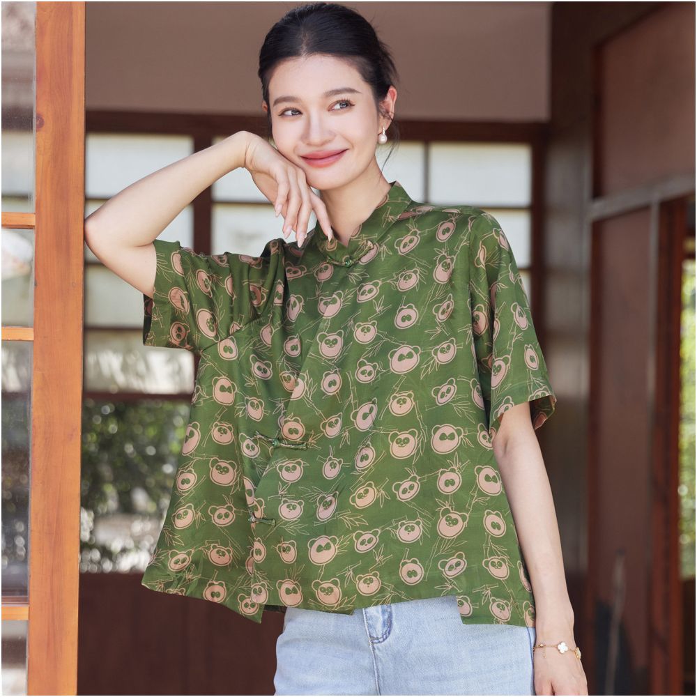 ASAYA6746 – Panda Bloom Silk Blouse 🐼🌿