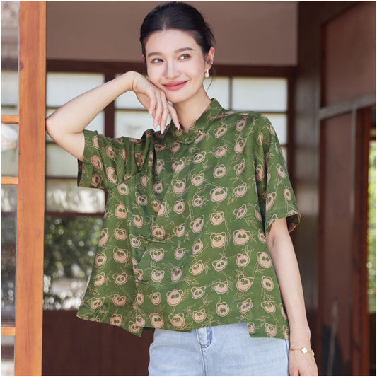 ASAYA6746 – Panda Bloom Silk Blouse 🐼🌿
