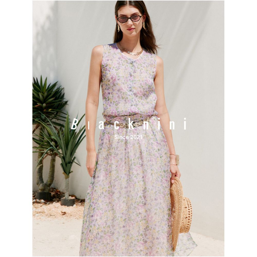 Blacknini Seven Mile Fragrance Italian Mulberry Silk Print New Chinese Style Round Neck Vest Skirt image 0
