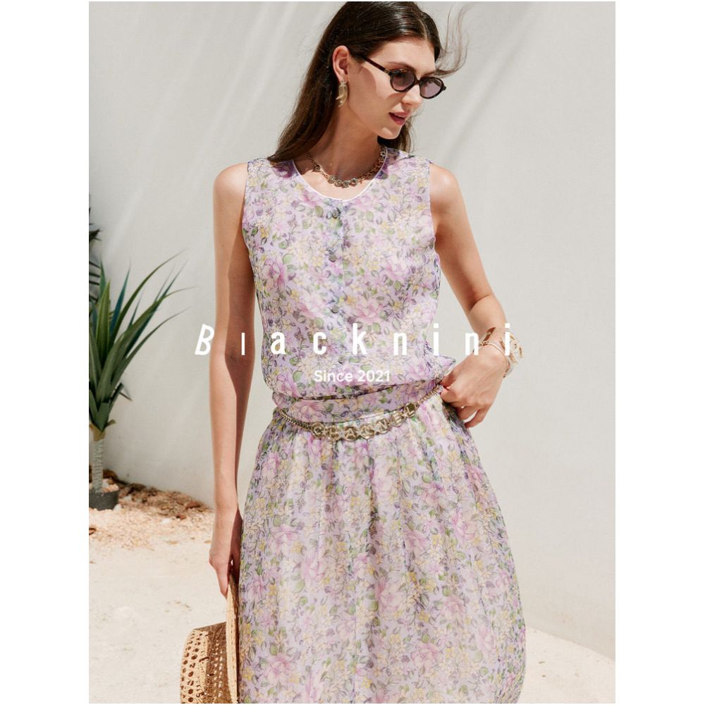 Blacknini Seven Mile Fragrance Italian Mulberry Silk Print New Chinese Style Round Neck Vest Skirt image 1