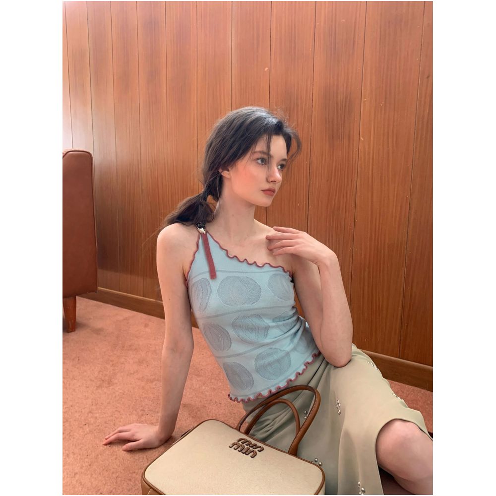 CRUCREAMSU One Shoulder Design Ruffled Trim Tank Top for Women Summer Slim Fit Vacation Style image 1