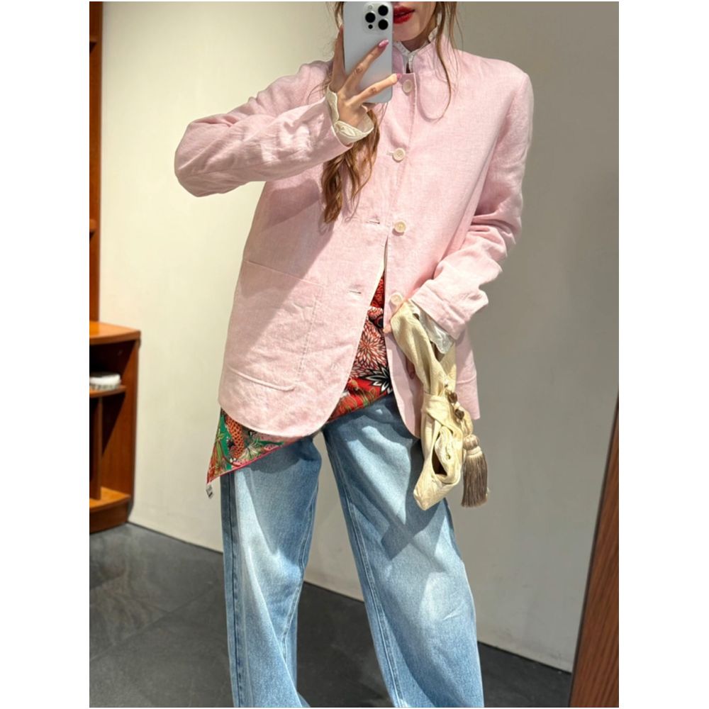 New Chinese style relaxed pink linen suit jacket for women 2026 spring new style stand collar Chinese knot button high end Chinese style top image 1