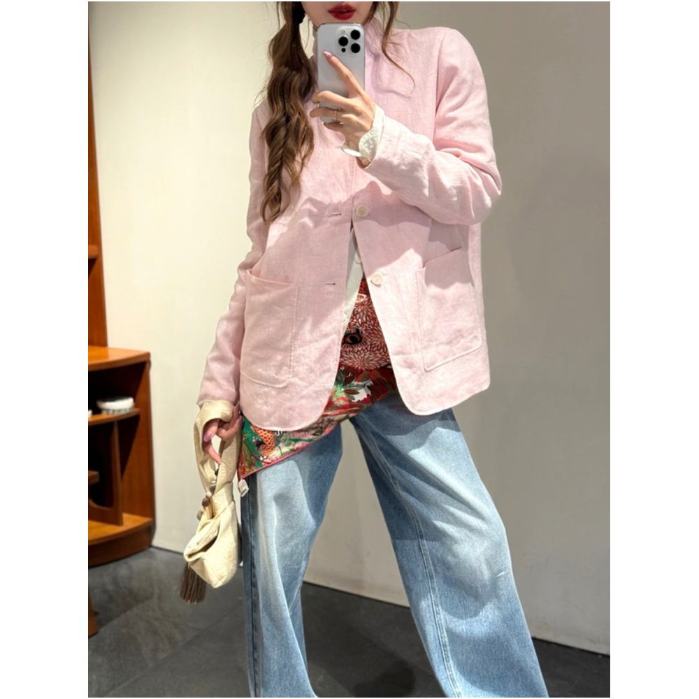 New Chinese style relaxed pink linen suit jacket for women 2026 spring new style stand collar Chinese knot button high end Chinese style top image 2