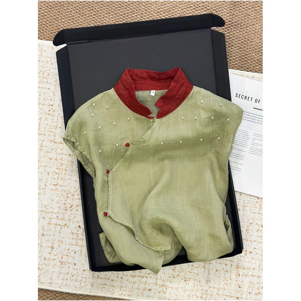 Highly recommended Love at first sight New Chinese style short sleeved ramie shirt with irregular placket Chinese knot buttons and beaded details image 0