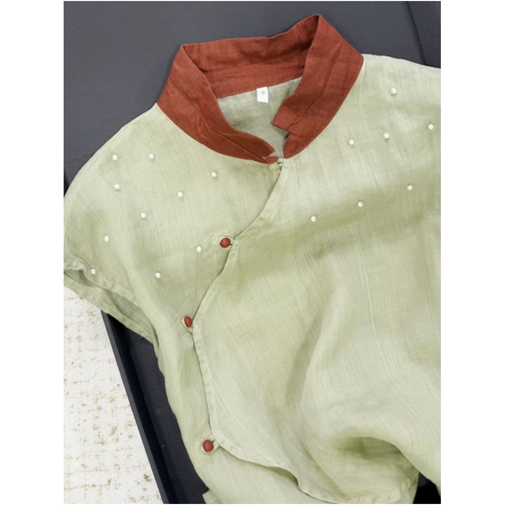Highly recommended Love at first sight New Chinese style short sleeved ramie shirt with irregular placket Chinese knot buttons and beaded details image 1