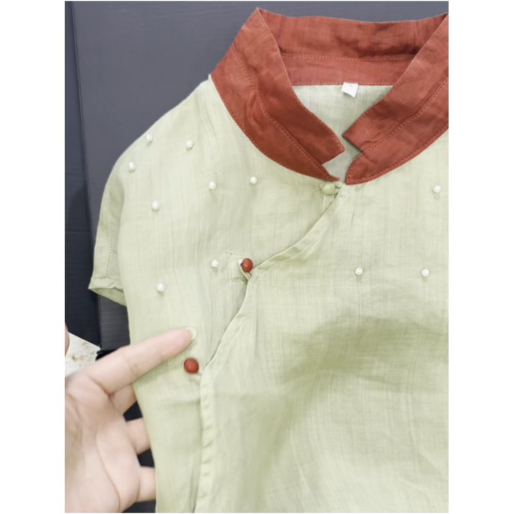 Highly recommended Love at first sight New Chinese style short sleeved ramie shirt with irregular placket Chinese knot buttons and beaded details image 2