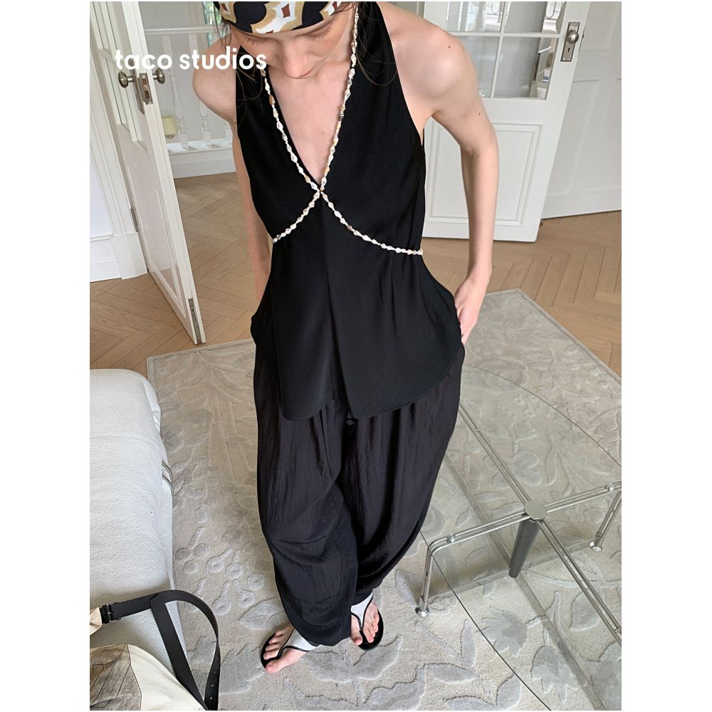Taco Studios Japanese Imported Acetate Matte Satin Halter Neck Top with Conch Shell Hand embellished Design Elegant and Stylish image 0