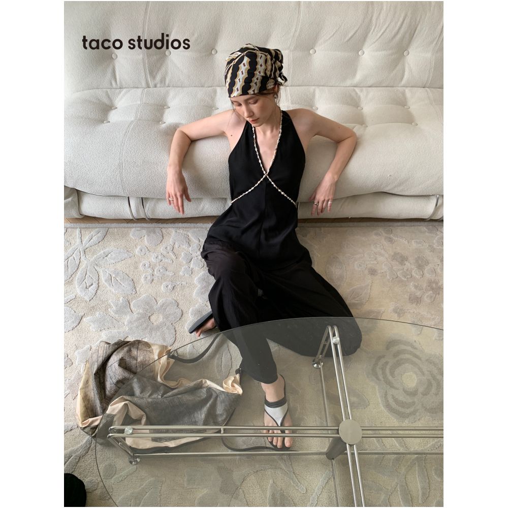 Taco Studios Japanese Imported Acetate Matte Satin Halter Neck Top with Conch Shell Hand embellished Design Elegant and Stylish image 4