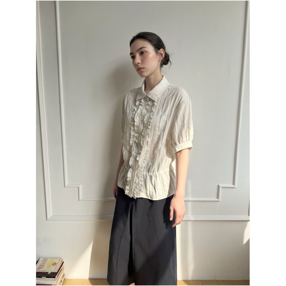 RREIKO Linen metallic textured placket with pleated lace trim fitted waist short sleeved shirt image 1