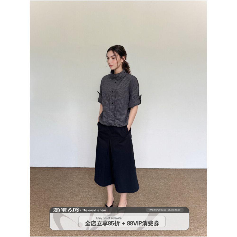 RREIKO Summer Blue Plaid Stand Collar Roll Up Sleeve Adjustable Drawstring Unisex Short Sleeve Shirt image 0