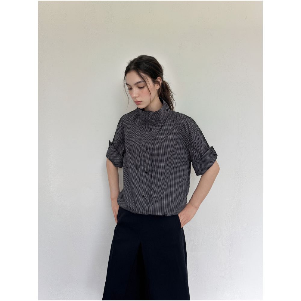 RREIKO Summer Blue Plaid Stand Collar Roll Up Sleeve Adjustable Drawstring Unisex Short Sleeve Shirt image 1