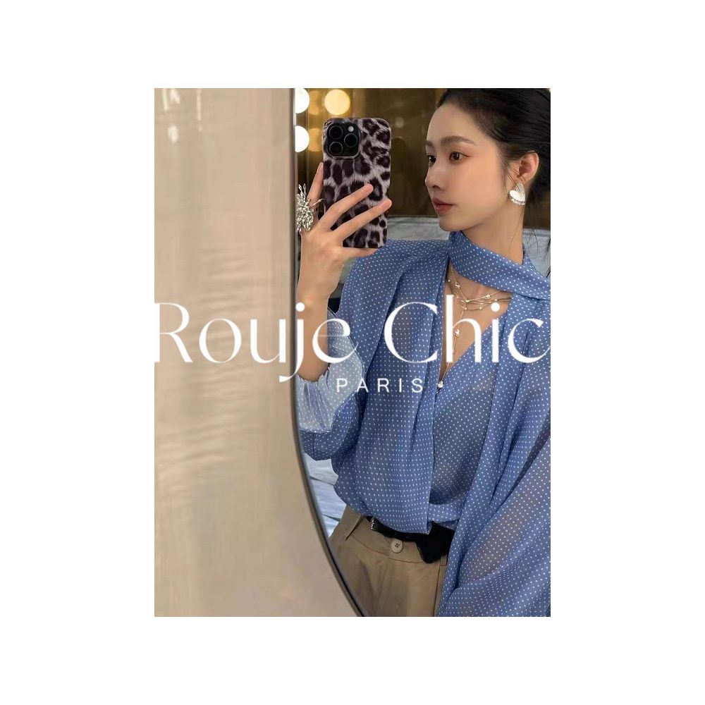 French Rouje Chic Spring Style Blue V neck Polka Dot Shirt for Women French Loose Fit Casual and Versatile Top image 0